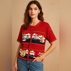Vintage Nautical‎ Sailboat Sweater L Red Ramie Cotton Coastal Grandma Cardigan